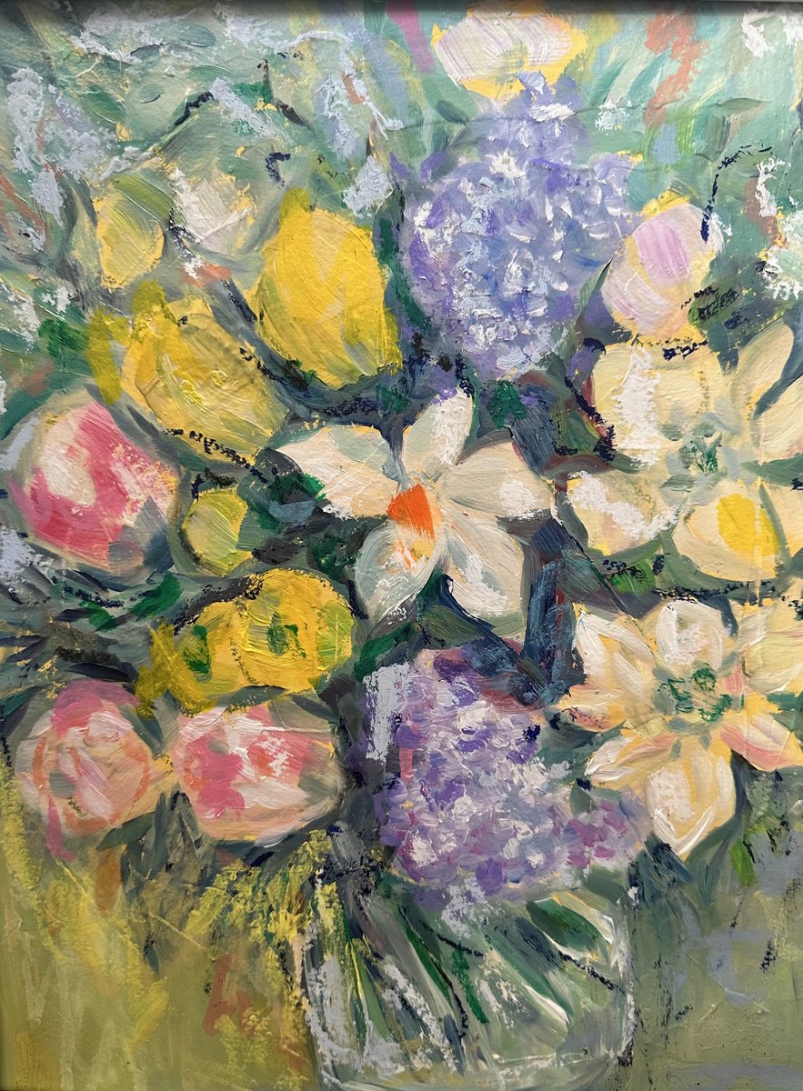 Impressionistic Botanical Oil Painting By Clare Hoath, 14 X 17, Daffodils And Tulip Bouquet, Original Artwork
