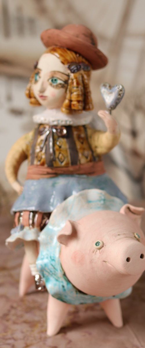 Vintage dressed girl riding the pig. From "Le Carousel, Hommage à l'Innocence" project by Elya Yalonetski by Elya Yalonetski