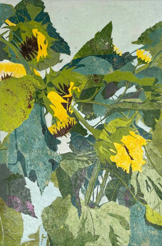 When Sunflowers fall - Linocut Print