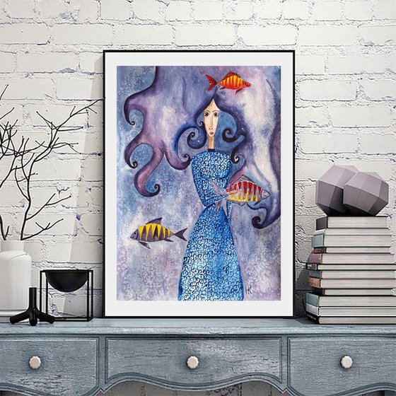 Woman Painting Fish Original Art Figurative Watercolor Artwork 12 by 17" by Halyna Kirichenko