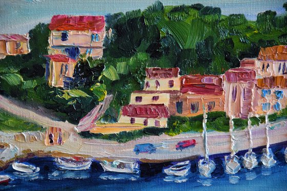 Ships seascape large oil painting on canvas, Greece panorama, coastal home decor