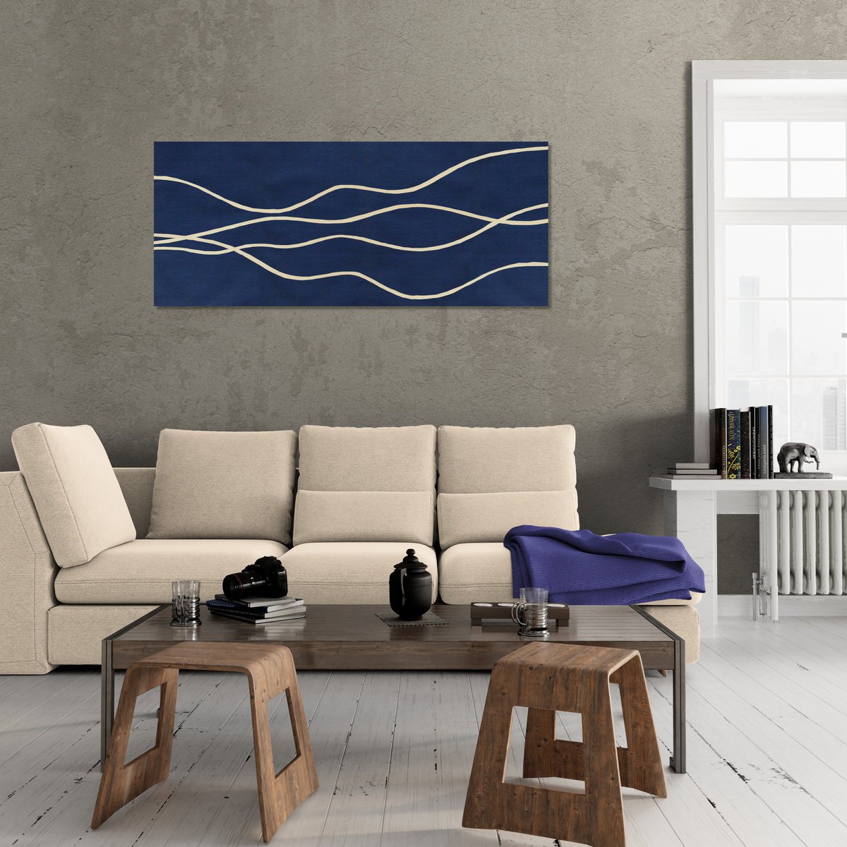 Abstract Landscape Acrylic Painting By Marina Krylova, 47 X 20", Serene Landscape #04, Original Artwork