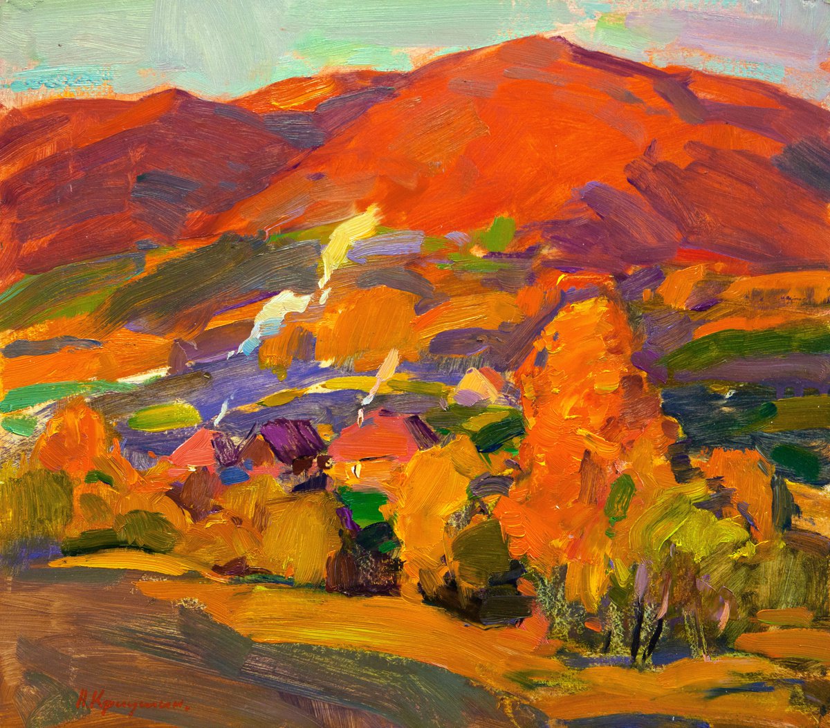 Impressionistic Landscape Oil Painting By Aleksandr Kryushyn, 18 X 16, October Evening, Original Artwork