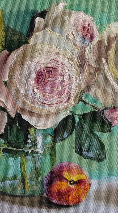 White Roses whith peach original canvas oil painting flower Still Life 12x16'' by Leyla Demir
