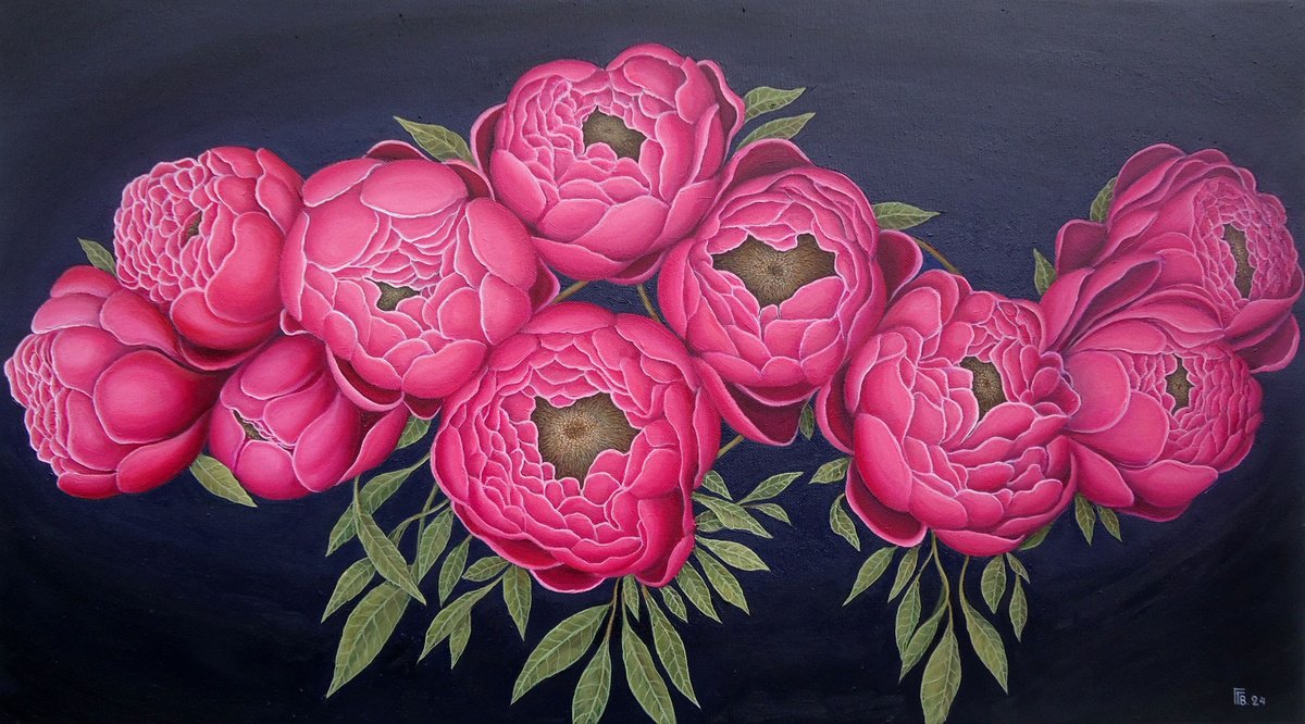 Photorealistic Botanical Oil Painting By Grigor Velev, 31 X 18, Symphony Of Pink Peonies, Original Artwork