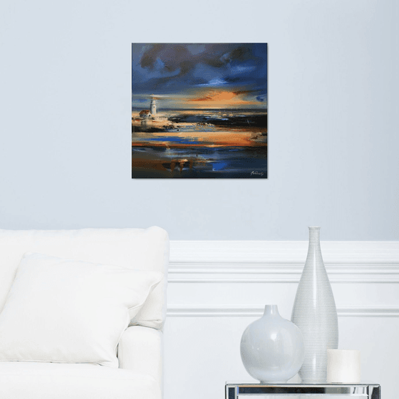 One night by the Sea - 50 x 50cm, abstract landscape oil painting in blue