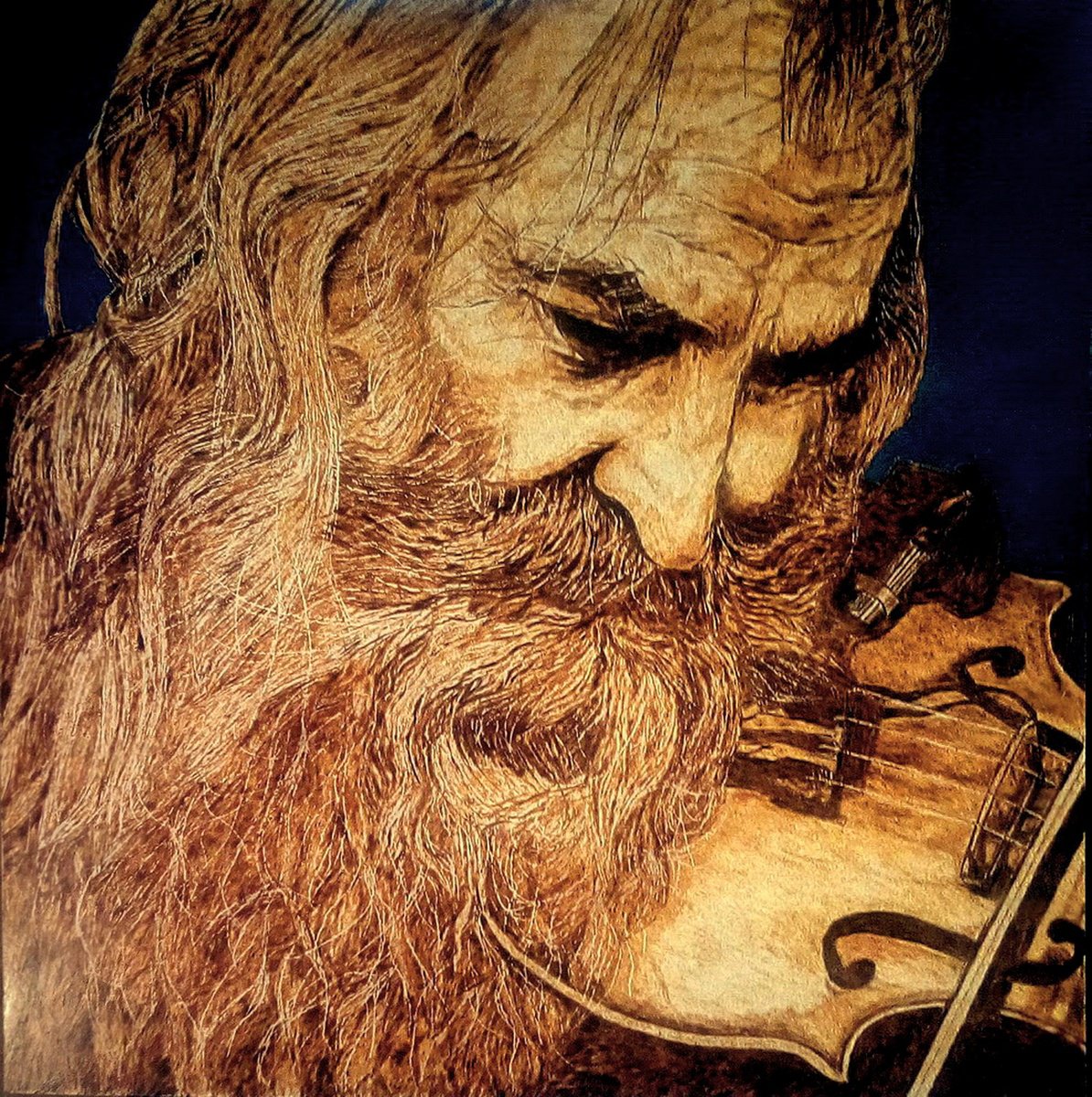 Expressive Portrait Painting By Milis Pyrography, 24 X 24", Piece Of Soul For Violin, Original Artwork