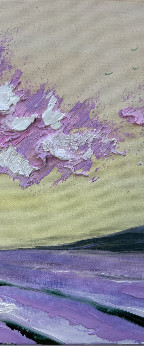 Impressionistic pink sky clouds green rainbow by Marie Antuanelle