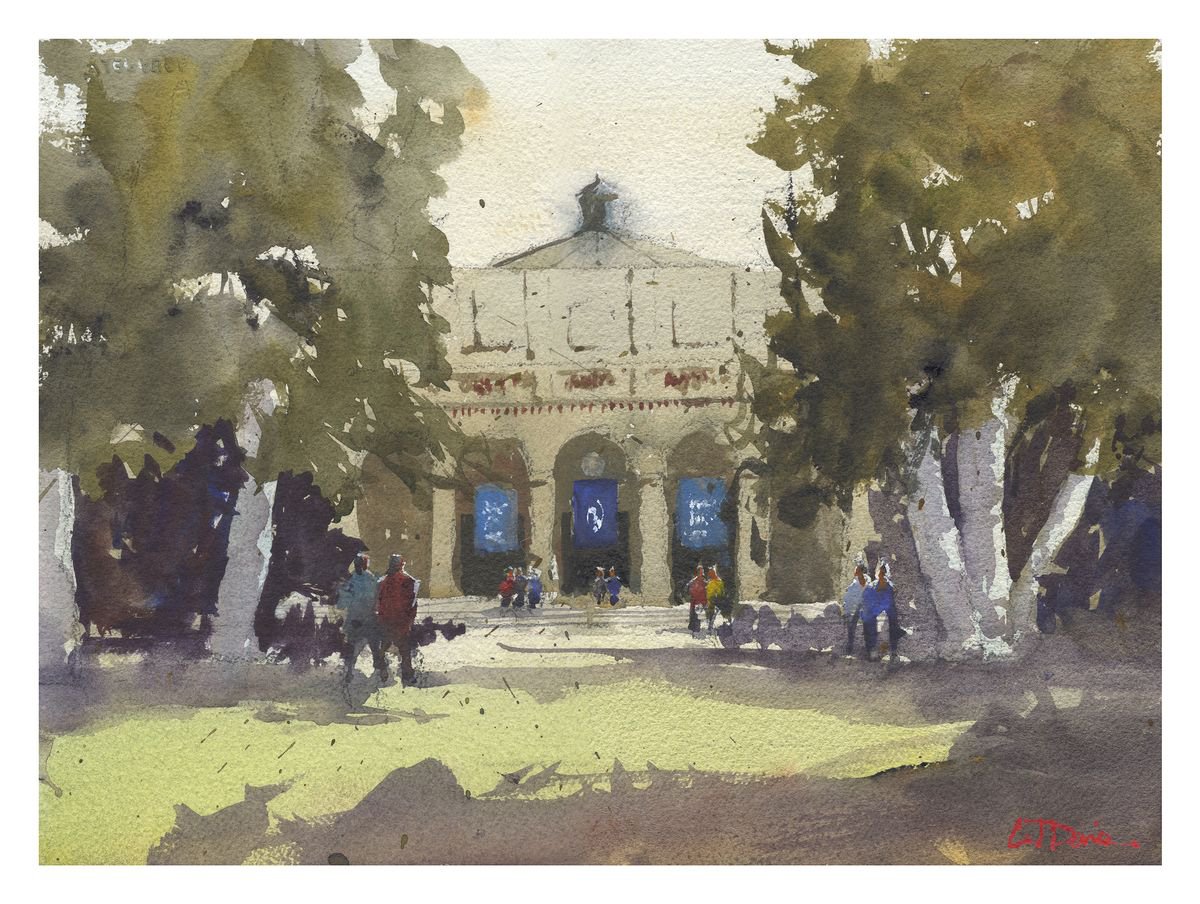 Impressionistic Cityscapes Watercolour By Cj Davis, 15 X 11, Bridges Auditorium, Original Artwork