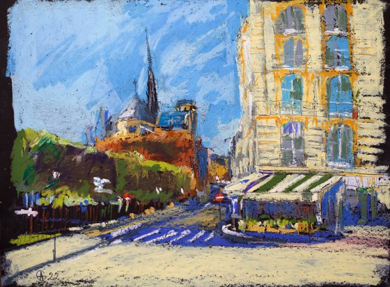 Notre Dame before the fire. View of cafe Esmeralda and cathedral from the bridge. Small oil pastel drawing bright colors paris