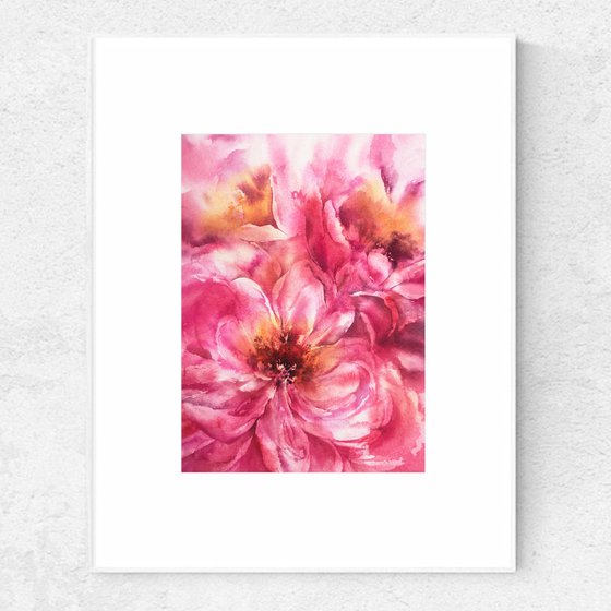 Pink peony bouquet, small watercolor painting