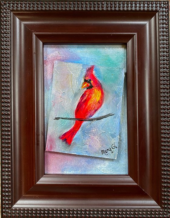 Red Cardinal Original Oil Painting on gessoed Masonite