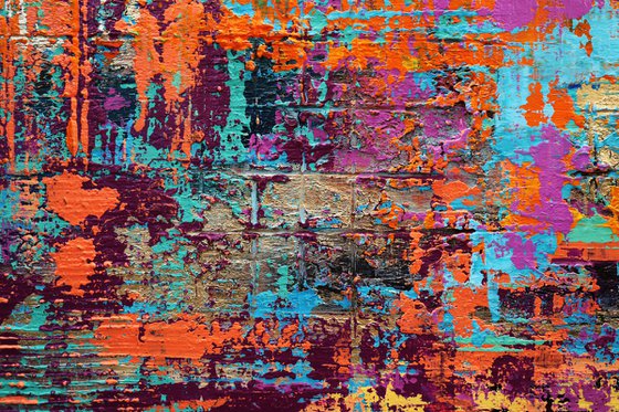 BROKEN RAINBOW - 120 X 80 CMS - ABSTRACT PAINTING TEXTURED * BLUE * ORANGE * GOLD