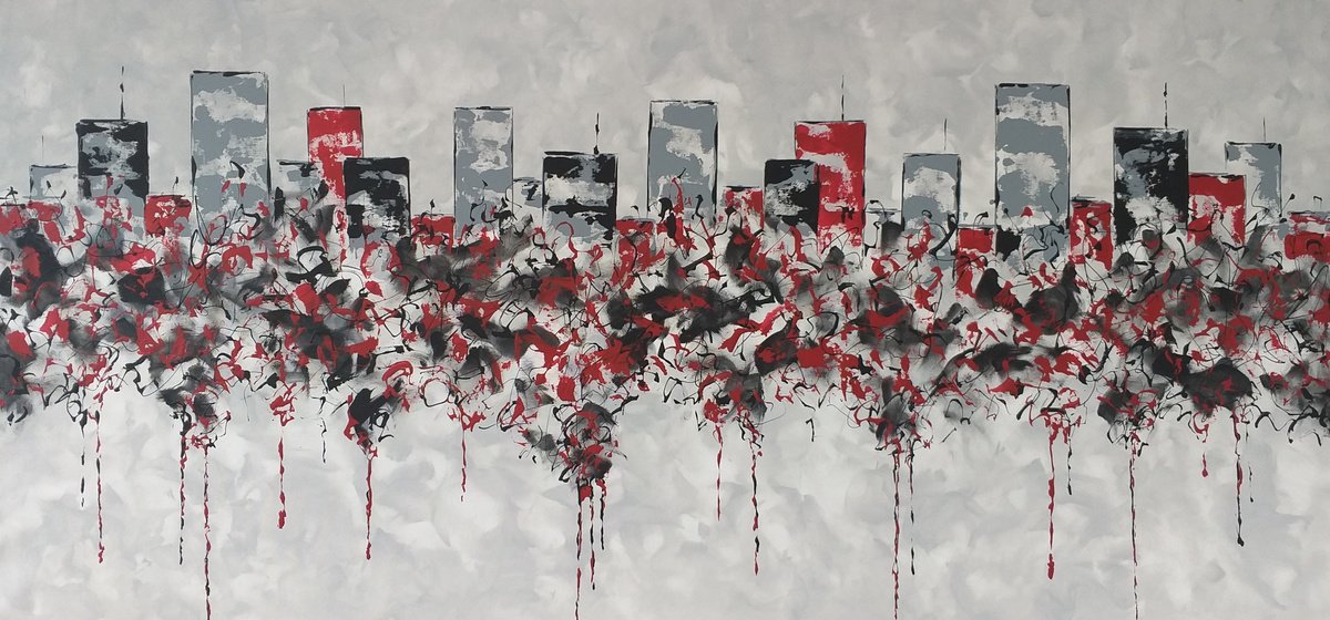 Abstract Acrylic Painting By Max Yaskin, 84 X 42", Mysterious City 2 By M.y., Original Artwork
