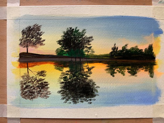 Water lily pond at sunrise ! A4 Painting on paper