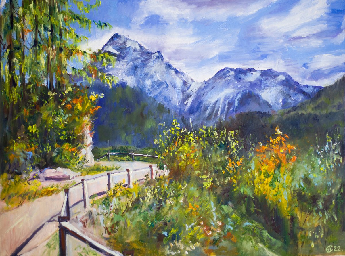 Switzerland. Alpes view. Mountains around ftan. Original oil painting. Contrast bright cit... by Sasha Romm