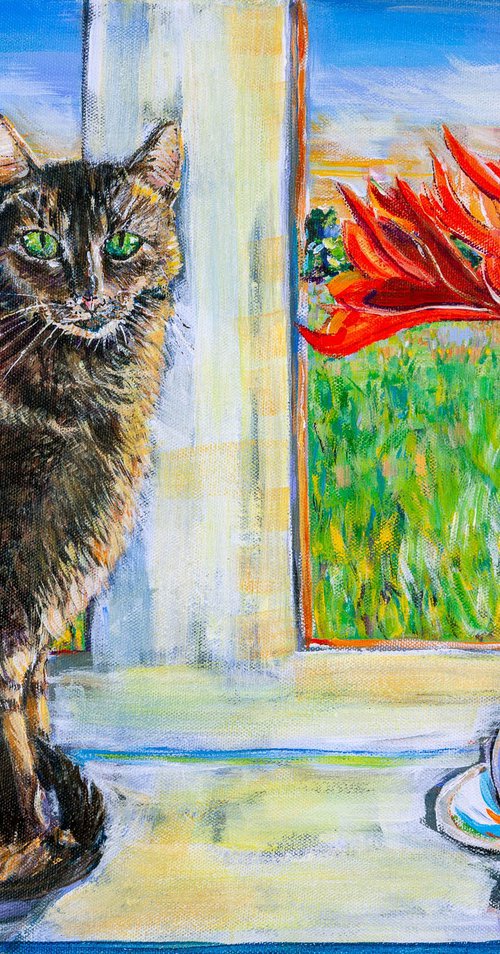 WINDOWSILL CAT WITH RED AMARYLLIS by Diana Aungier-Rose