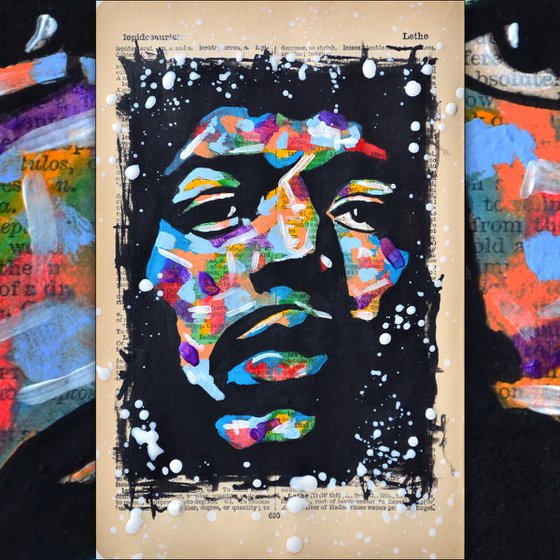 Jimi Hendrix Colours - Painting Art Collage on English Dictionary Vintage Page