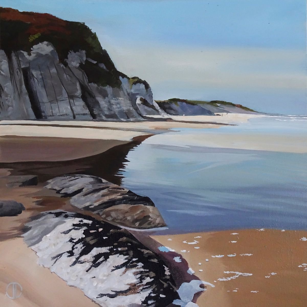 Photorealistic Landscape Acrylic Painting By Joseph Lynch, 20 X 20, Sunshine White Rocks Beach, Original Artwork