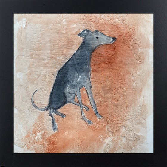 Seated Lurcher dog Fresco style on plaster