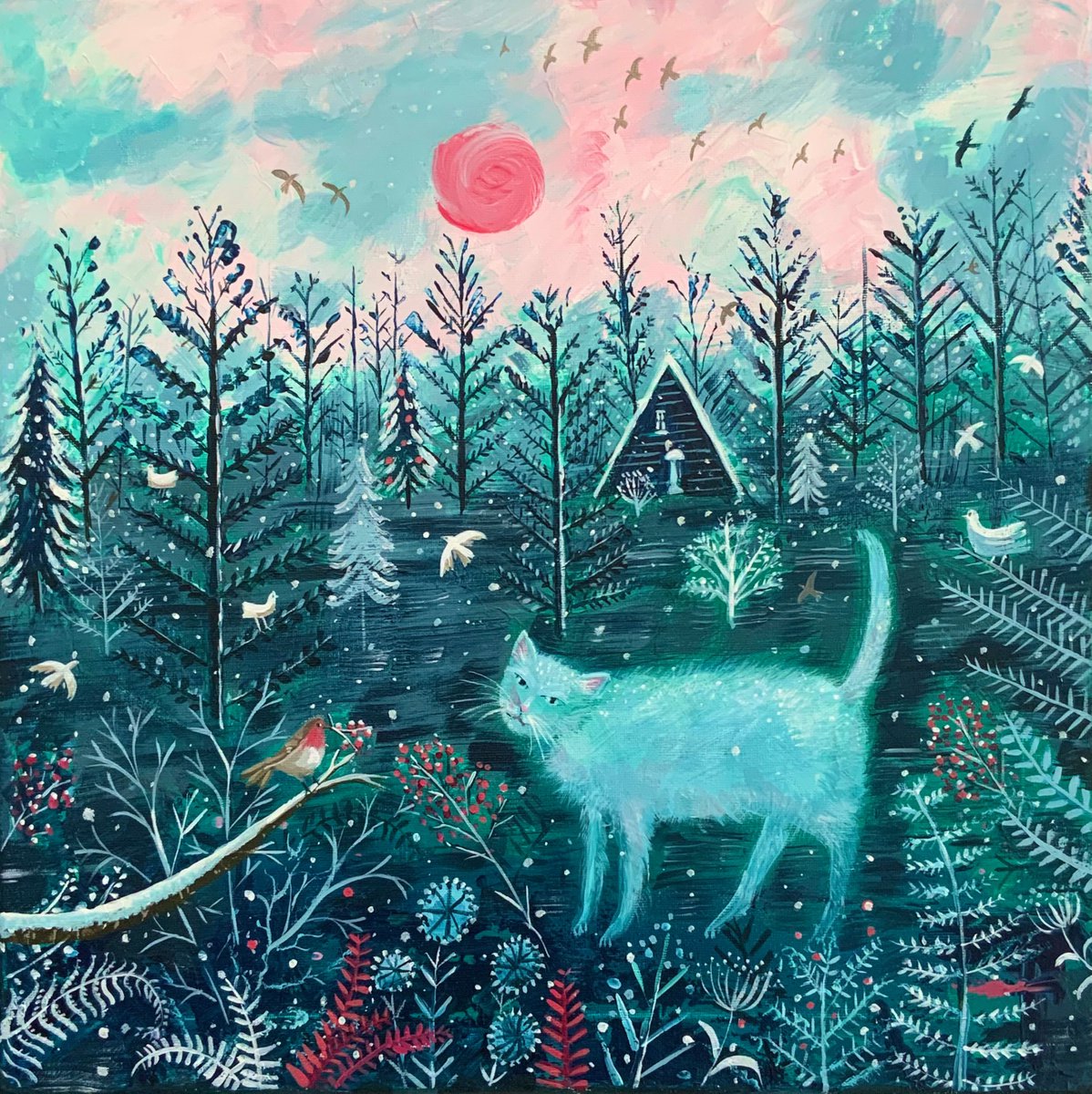 Naive Animal Acrylic Painting By Mary Stubberfield, 16 X 16", Winter Forest Cat, Original Artwork