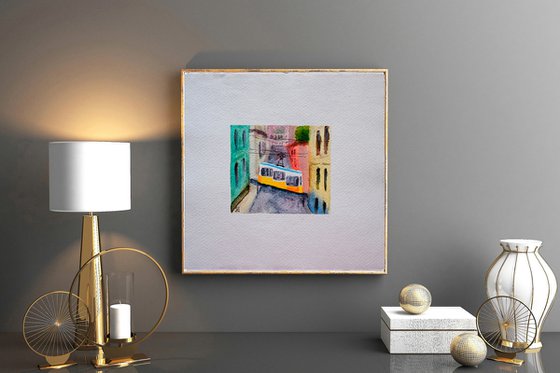 Lisbon small watercolor painting, yellow tram original painting, Portugal wall art