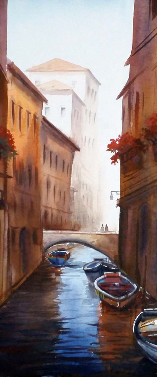 Morning Venice Canals - Watercolor Painting by Samiran Sarkar