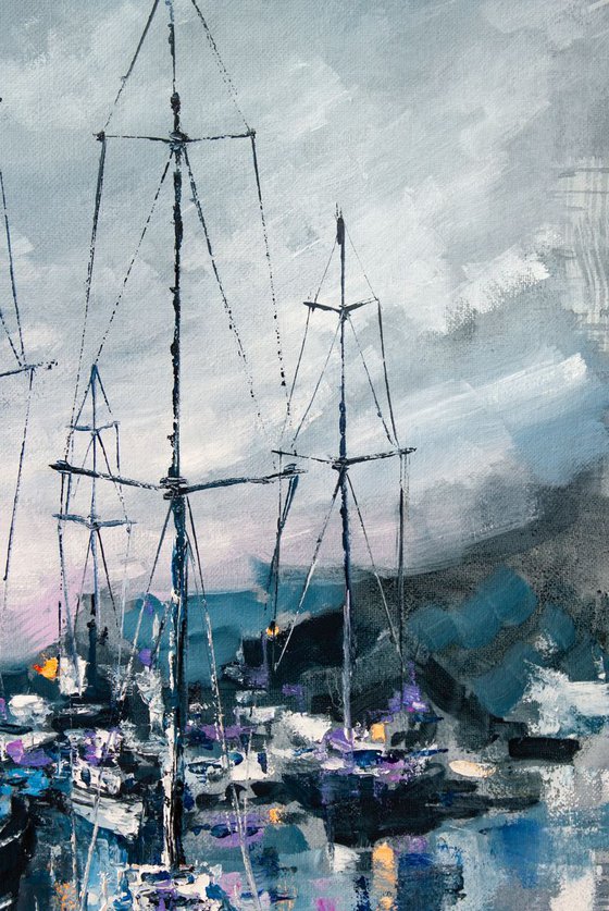 "Sailboats in the harbor" yachts at sea, landscape