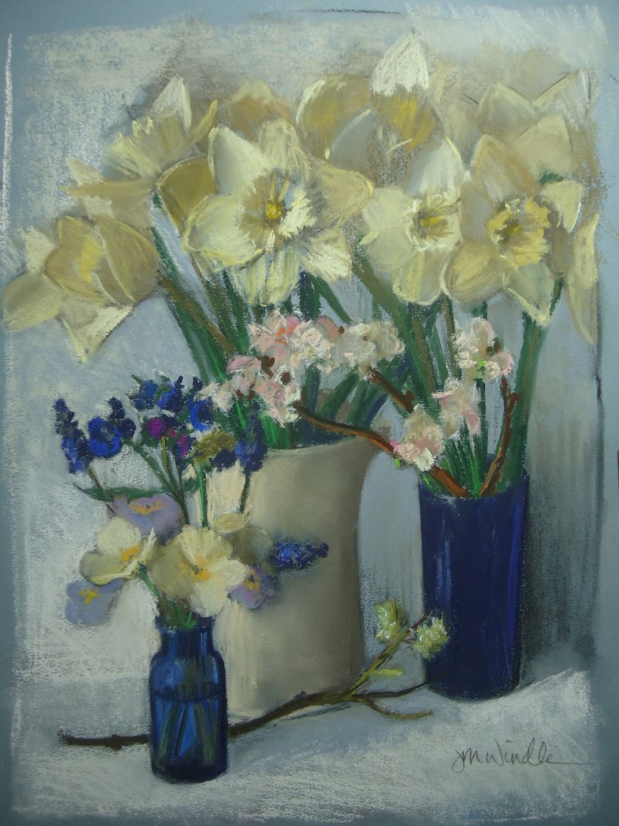 Spring Bouquets I (with blue glass) by Jennifer Mackay Windle