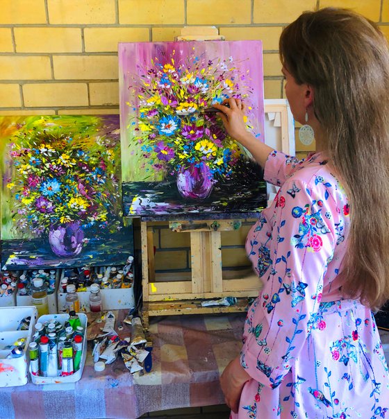 FLOWER SALUTE - Magic still life. Big bouquet. Vase with daisies. Rainbow background. Original. Aesthetics. Warm shades.