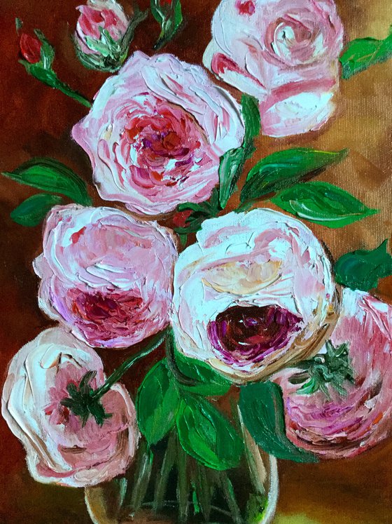 BOUQUET OF CORAL ROSES #4 palette knife modern red pink still life  flowers Dutch style office home decor gift