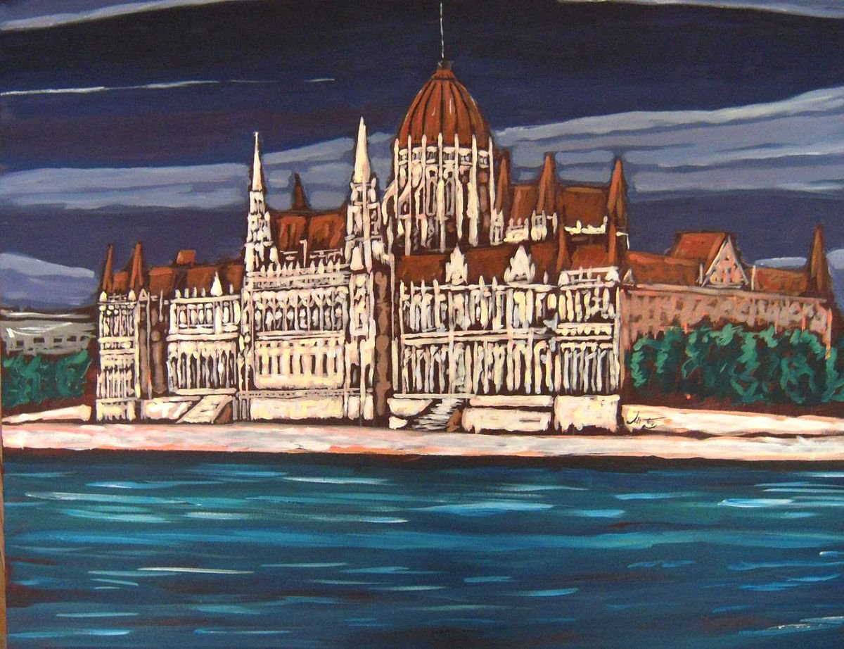 Cityscapes Acrylic Painting By Tiziano Marasco, 35 X 28", Budapest, Original Artwork