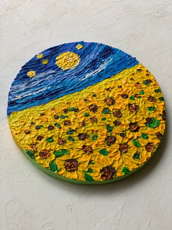 Van Gogh starry night Sunflower field! Impasto painting on round canvas! Ready to hang