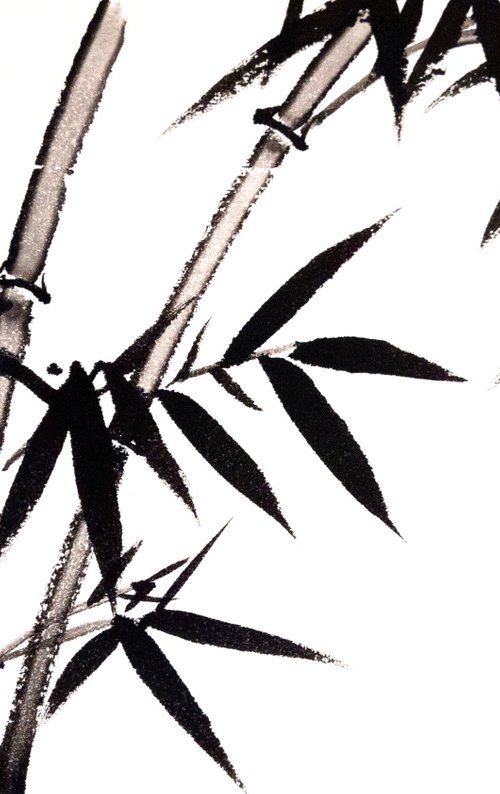 Two bamboo branches -  Bamboo series No. 2132 - Oriental Chinese Ink Painting by Ilana Shechter