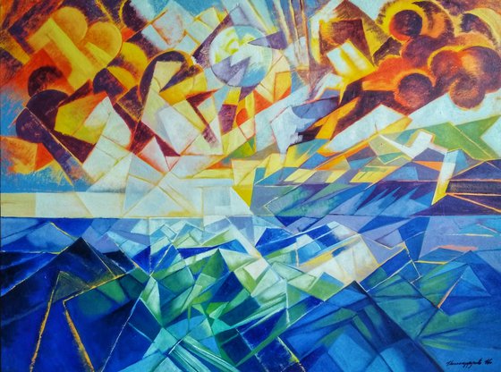 Seascape (60x80cm, cubism, oil painting, ready to hang)