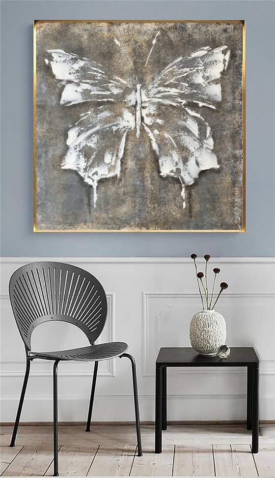 Gray mother-of-pearl butterfly. White Abstract butterfly painting.