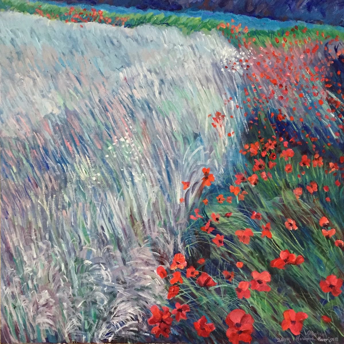 Impressionistic Landscape Oil Painting By Stephen Howard Harrison, 24 X 24", Edge Of Field Poppies, Original Artwork