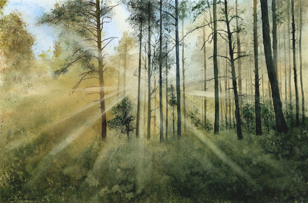 Photorealistic Landscape Watercolour By Tetiana Koda, 22 X 15", Sunlight In The Forest, 57X38, Original Artwork