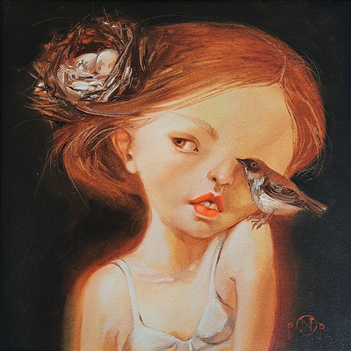 Surrealistic Portrait Oil Painting By Nataly Derevyanko, 8 X 8", Whispering, Original Artwork