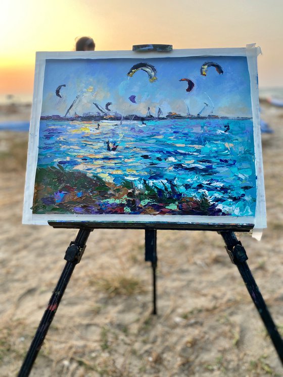 Kitesurfing - Сatch before sunset, 47*37cm, impressionistic oil impasto landscape painting