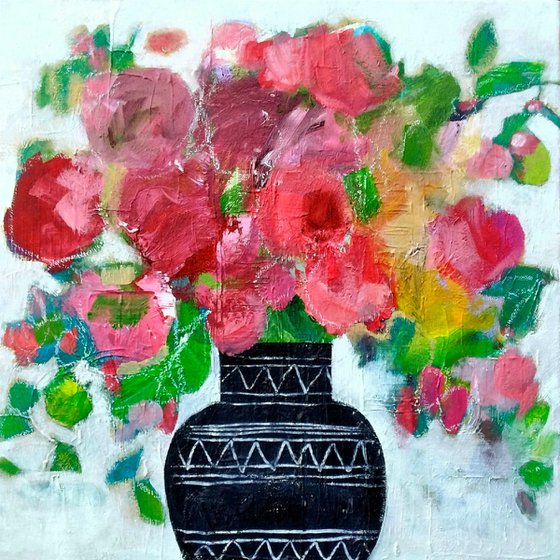 Roses in a Black Vase