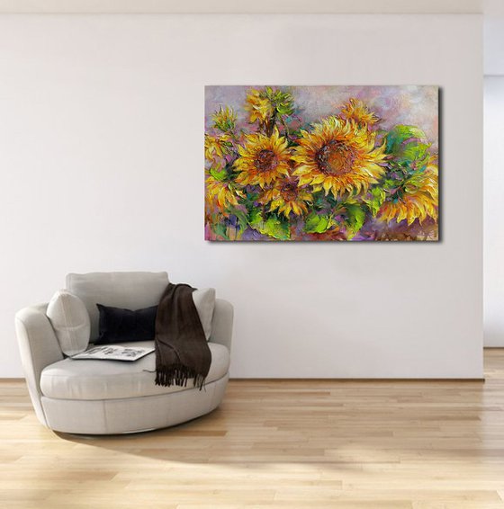 Sunflowers - Painting Oil Original, canvas, Bouquet of sunflowers, flowers sun, still life with sunflower,  impressionist artwork home decor