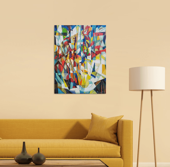 Still life with lemons and violin-2 (60x80cm, cubism, oil painting, ready to hang)