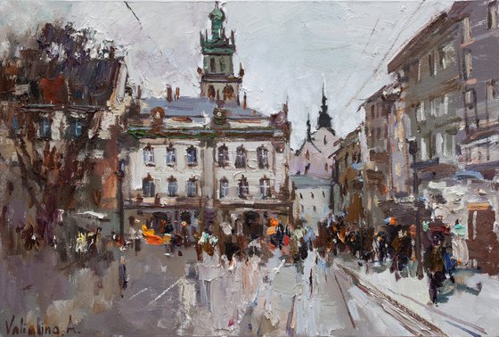 Lviv. Original oil painting evening city of Lviv, Ukraine, landscape painting