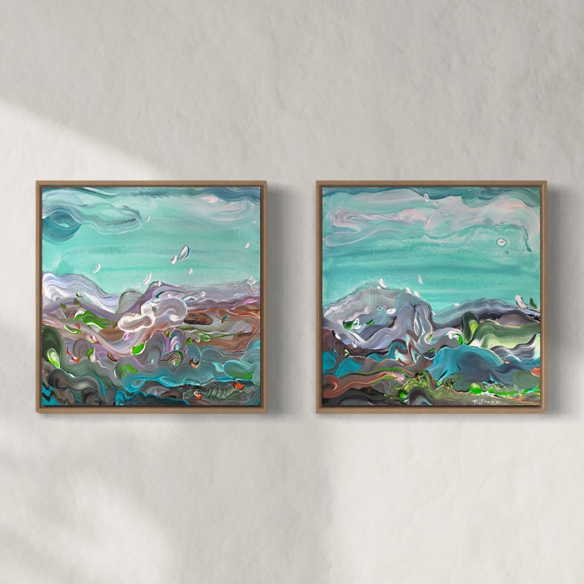 Organic Landscape Acrylic Painting By Tatiana Georgieva, 17 X 17", Coastal Study No.62 - Diptych, Original Artwork