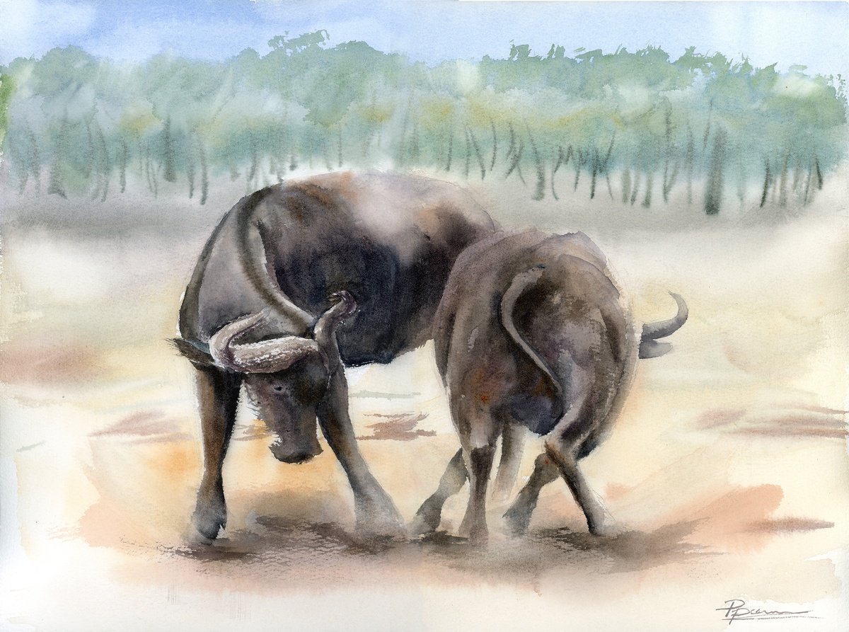 Expressive Animal Watercolour By Olga Tchefranov (Shefranov), 16 X 12", Clash Of Titans, Original Artwork