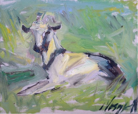 Gray Goat .  animal nature original oil painting modern bouquet