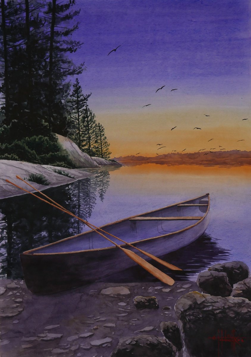 Canoe on the shore of the lake 2023 Watercolor on paper 70x50 by Eugene Gorbachenko