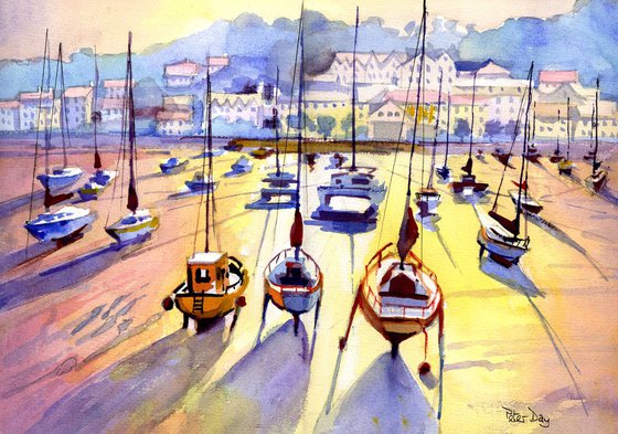 St Aubin Harbour, Jersey, Channel Islands. Boats, Beach & Sea. Sunset