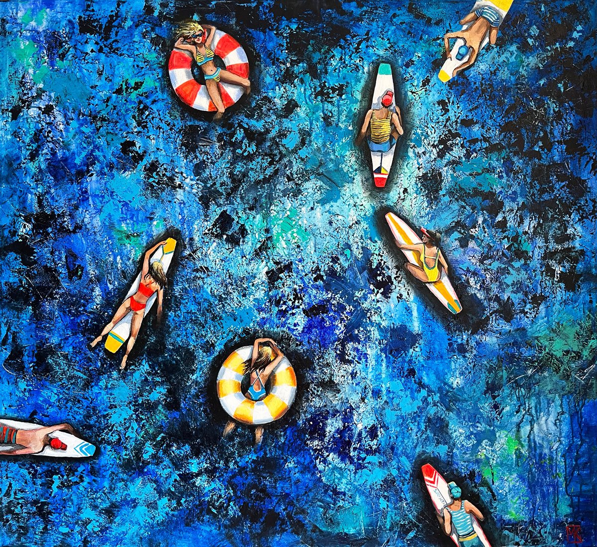 Impressionistic Landscape Acrylic Painting By Maria Kireev, 47 X 43", Siesta On The Dark Blue., Original Artwork